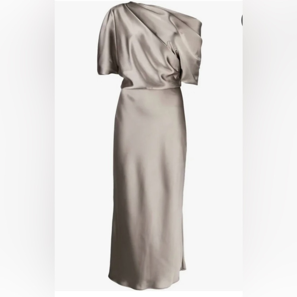 NWT Amsale One Shoulder Satin Dress in Gunmetal